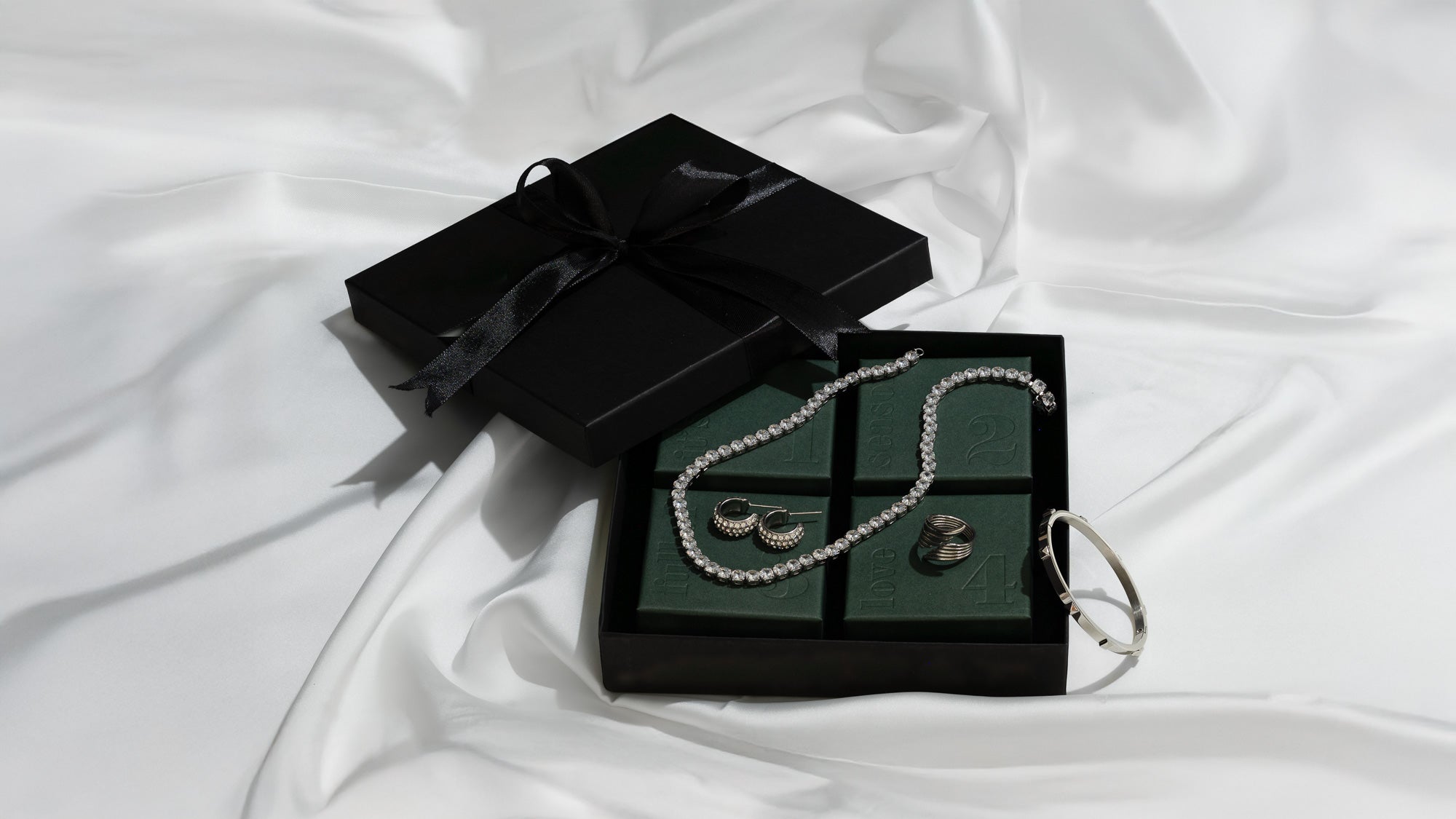 Adventskalender 2025 från Susanna Falken Jewellery – svart ask med fyra smycken i gröna fack.